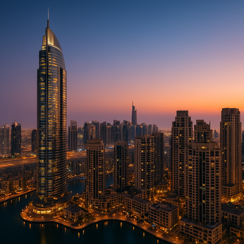 Dubai skyline with AI and PropTech digital overlays, 2025 trends